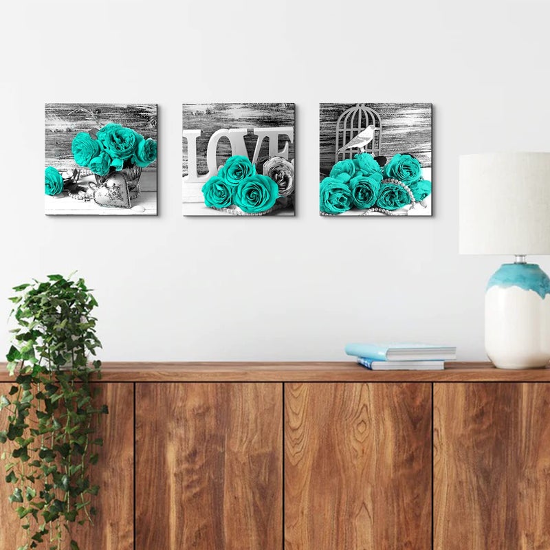 YOOOAHU Teal Bathroom Wall Decor Turquoise Teal and Grey Rose Wall Art for Bedroom Living Room Accessories Love Sign Aqua Green Flower Pictures Floral Poster Canvas Artwork Kitchen Home Decoration 12x12" 3 - Image 2
